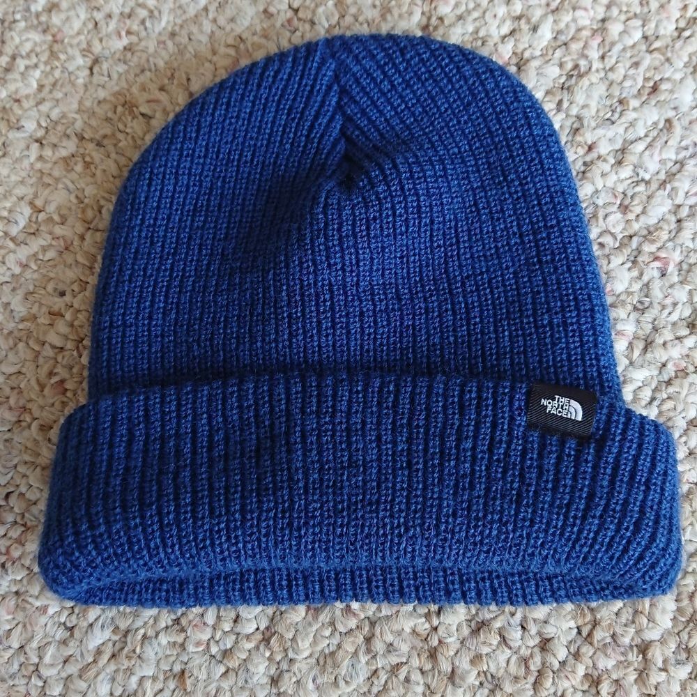 The North Face Blue Knit Logo Cuffed Beanie for youth